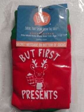 Lavley Kids Holiday Socks - Red with Green Trim - "But First Presents"